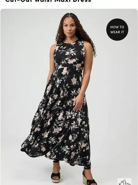 Floral Cut-Out Waist Black Maxi Dress - Pink Floral